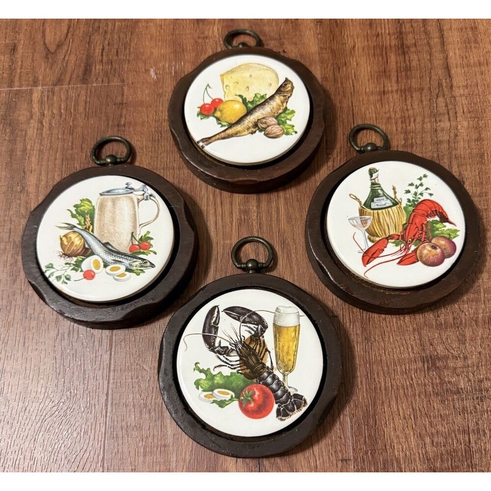 Vtg Set Of 4 Fish And Lobster Seafood Ceramic Wall Trivets 4x4 Hexagons MCM